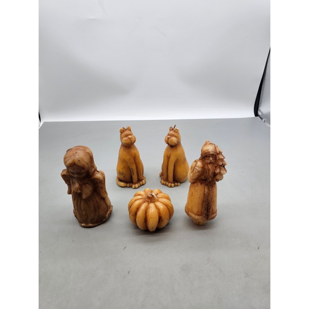 Vintage Beeswax Candle Lot Santa Angel Cats Pumpkin Folk Art Decor 5pc
